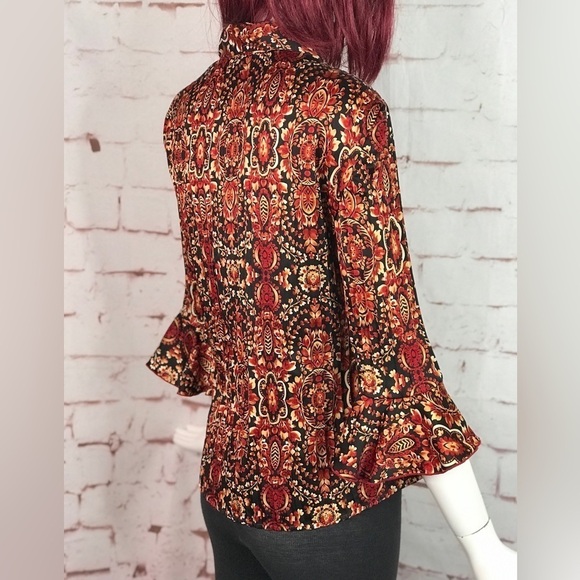 ESSENTIALS By MILANO Pleated S 3/4 Bell Sleeve Rust Cream Black Print Blouse - Picture 7 of 13